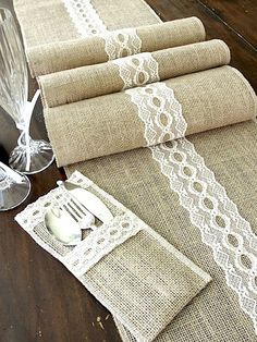 T220(1), LIVE GREEN,Burlap table runner, Burlap placemat, Burlap utensil holder with lace in both sides